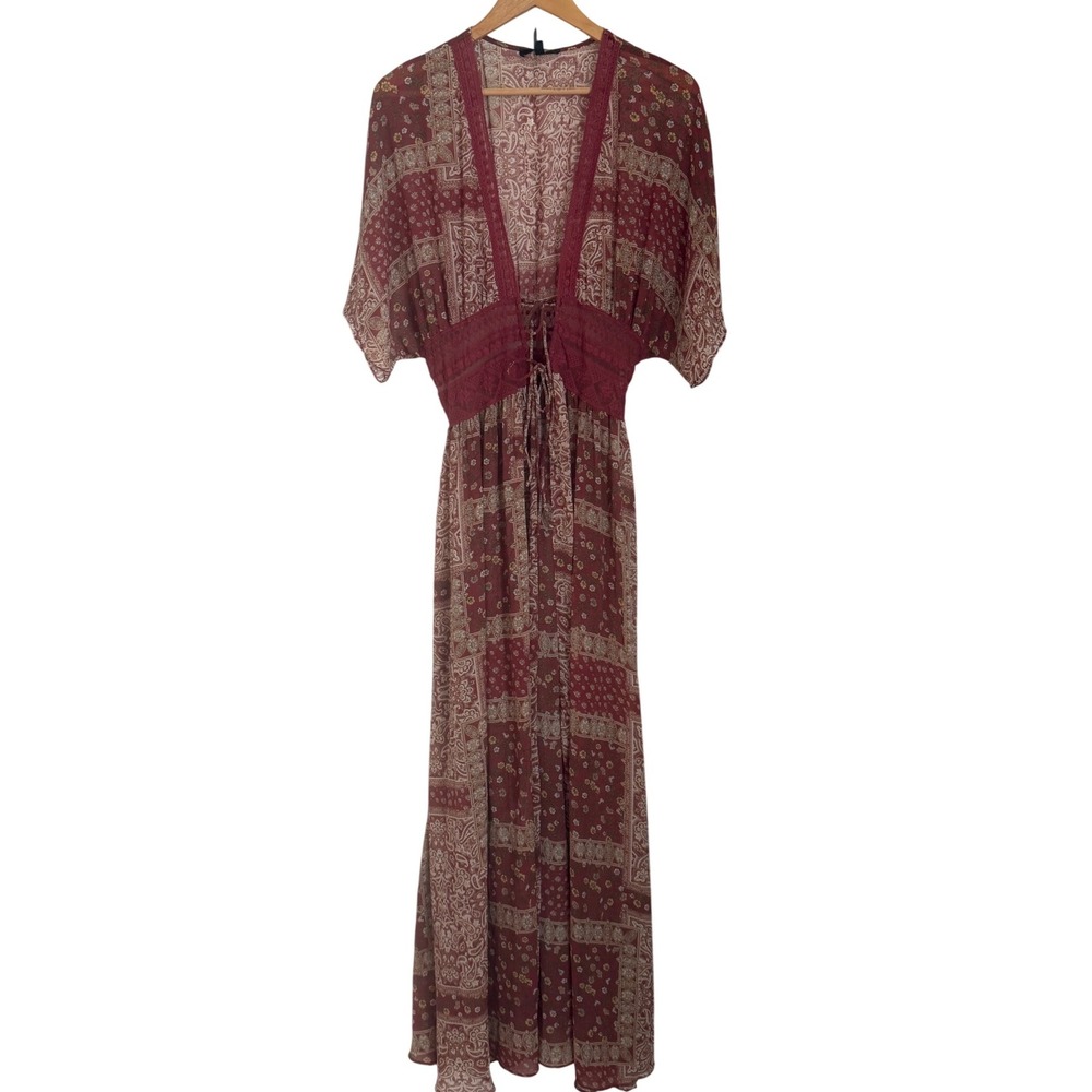 Boho Patchwork Paisley Duster Kaftan Womens L Burgundy Sheer Lace Festival NWT - Picture 2 of 12